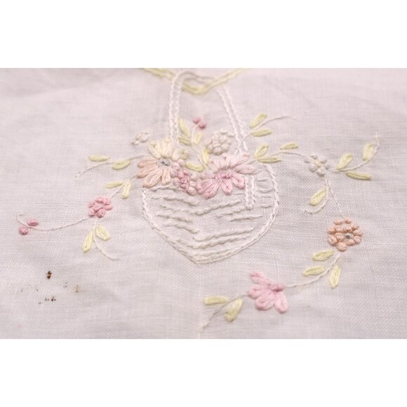 Vtg Handmade Embroidered Linen Table Runner Crochet Trim Floral Basket Design - Picture 3 of 12